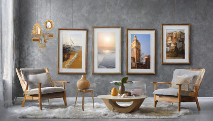 different size framed photos hanging on the gray wall.