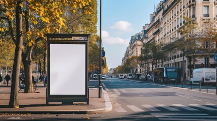 Bus stop billboard Mockup in empty street in Paris Parisian style hoarding advertisement close to a park in beautiful city