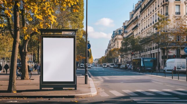 Bus stop billboard Mockup in empty street in Paris Parisian style hoarding advertisement close to a park in beautiful city