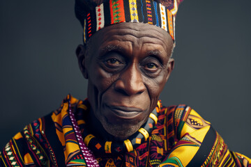 Close-up portrait of a senior man of African descent, studio photo, against a sleek gray studio backdrop