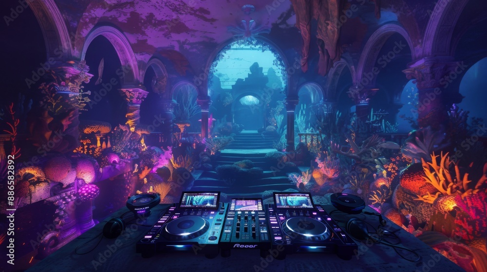 Poster a dj mixer sits in the center of a stage surrounded by glowing coral and glowing underwater creature