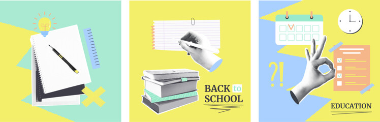 Set of halftone collage card back to school concept