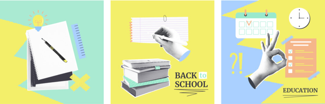 Set of halftone collage card back to school concept