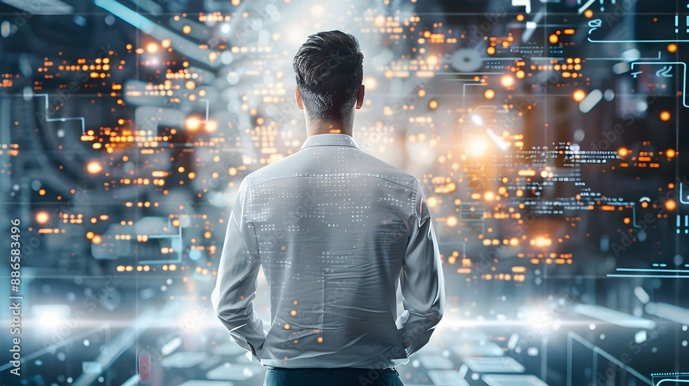 Poster rear view of professional data expert analyzing digital information with overlay screens