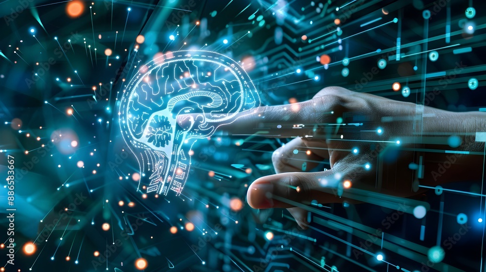 Poster futuristic neural network visualization with glowing synapses and connections