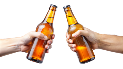 Hands holding a bottle of beer on white background
