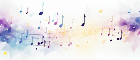 Floating 3D geometric shapes with music notes, 3D background music, dynamic and artistic