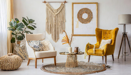 Sunny scanidnavian interiors of apartment with mock up poster frame, wooden ladder, gold armchair, design accessories and furnitures, plants and yellow macrame. Stylish home decor of rooms