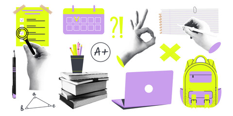 A set of cutout halftone collage school education trending elements. Hands, stationery, books, laptop, backpack, paper sheets.