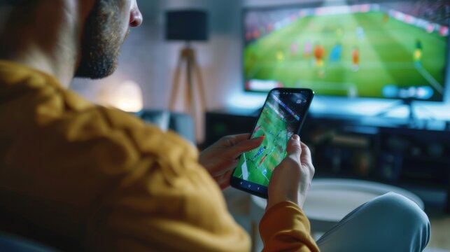 Close up of man holding smartphone with sports bets app to camera while watching football match at home copy space