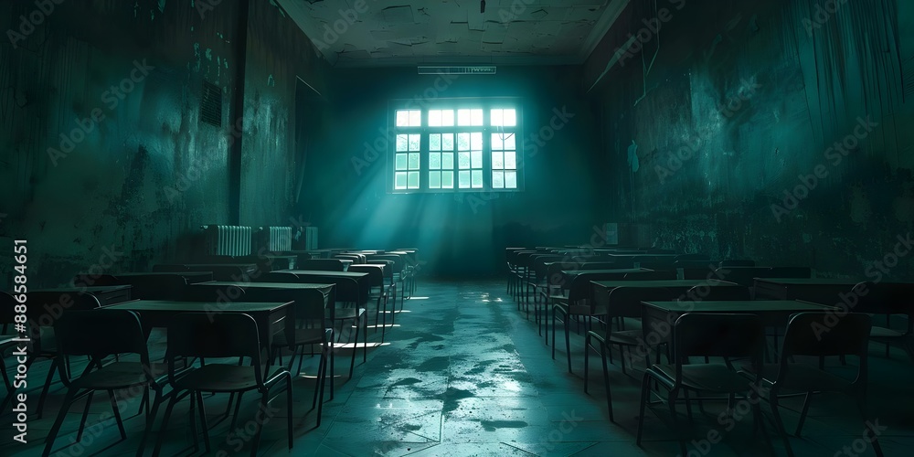 Poster 4k timelapse animation empty dark classroom with looping desks and chairs. concept 4k timelapse, ani