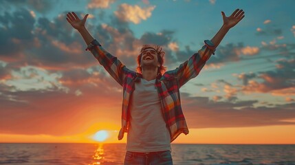 Triumphant Man Celebrating Joyous Success with Arms Raised in Glorious Sunset Landscape