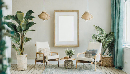 An empty poster frame mockup on the wall with natural bright light in the livingroom.