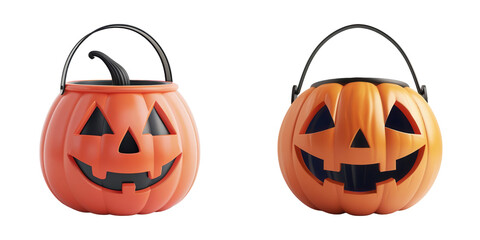 Two Halloween themed pumpkin buckets with smiling jack-o-lantern faces, perfect for trick-or-treating and Halloween decorations.