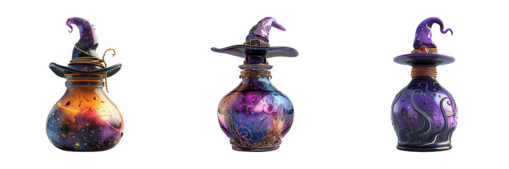 Three wizard potion bottles with mystical designs and vibrant colors, perfect for fantasy-themed projects and magical illustrations.