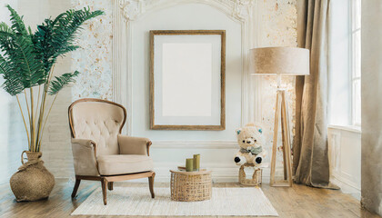 An empty poster frame mockup on the wall with natural bright light in the livingroom.