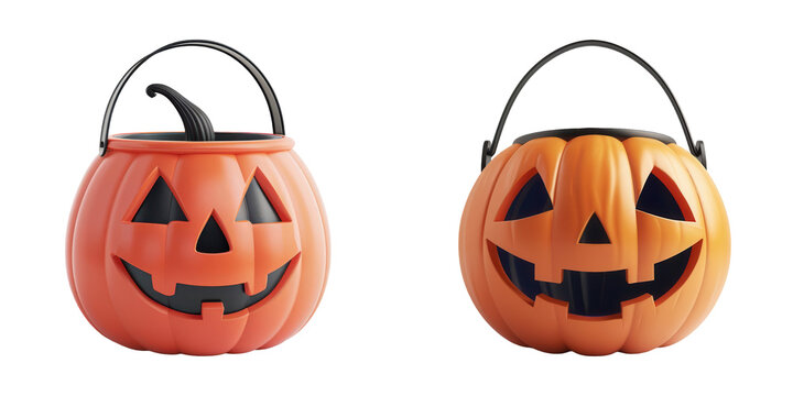 Two Halloween themed pumpkin buckets with smiling jack-o-lantern faces, perfect for trick-or-treating and Halloween decorations.