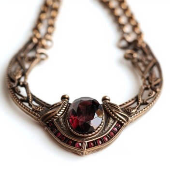 Design a ruby and bronze necklace, rustic antique design, isolated white background