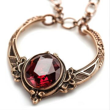 Design a ruby and bronze necklace, rustic antique design, isolated white background