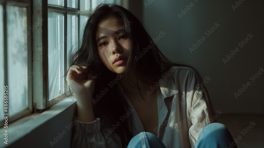 Wall mural pensive filipino woman sitting by sunlit window, contemplative and reflective mood, perfect for ment