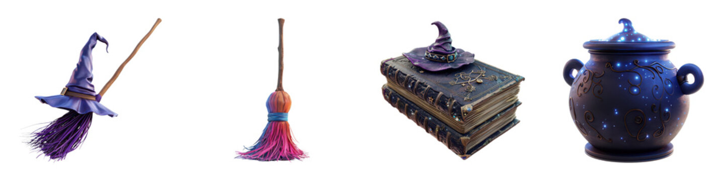 A set of magical items including a witch hat, broomstick, spell books, and a cauldron, perfect for Halloween or fantasy themes.