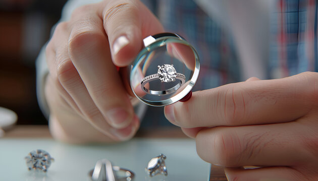 Jeweler examining diamond ring with magnifying glass at white table, closeup