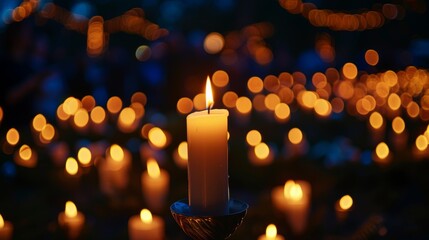 One candle shines amid many, casting a warm glow, poster