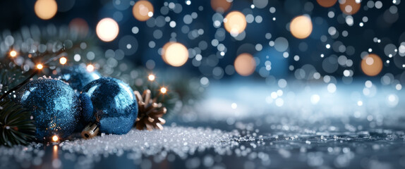 Blue Christmas ornaments nestled in snow, surrounded by twinkling lights and a snowy backdrop