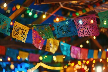 Colorful Paper Lanterns Hanging with String Lights.