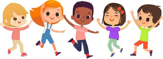 Multiracial school kids. Boys and girls are playing together happily jump. Kids Play at the grass. The concept is fun and vibrant moments of childhood. Vector illustrations