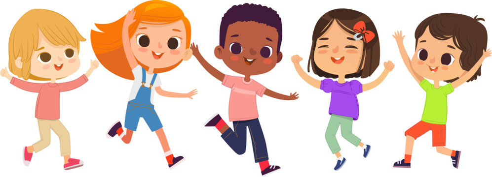 Multiracial school kids. Boys and girls are playing together happily jump. Kids Play at the grass. The concept is fun and vibrant moments of childhood. Vector illustrations