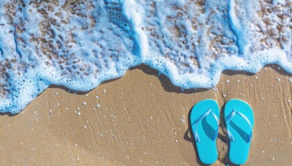 Naklejka premium Blue Flip Flops on Sandy Beach.