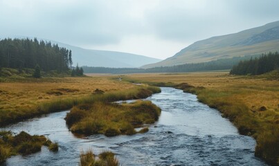 Obraz premium Serene River Flowing Through Lush Green Meadow.
