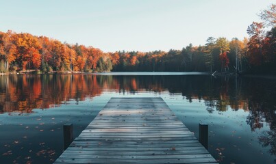 Wooden dock extending into tranquil lake with colorful fall foliage reflections.