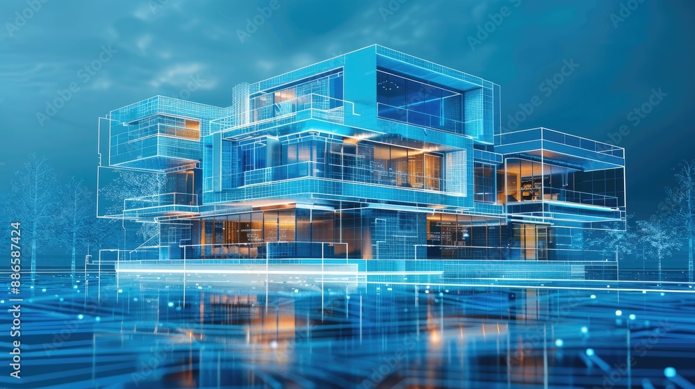 Aufkleber Modern smart home, against the background high-rise buildings. Development architecture computer systems of smart building. Hologram of the smart home is isolated on blue background. Generative AI.