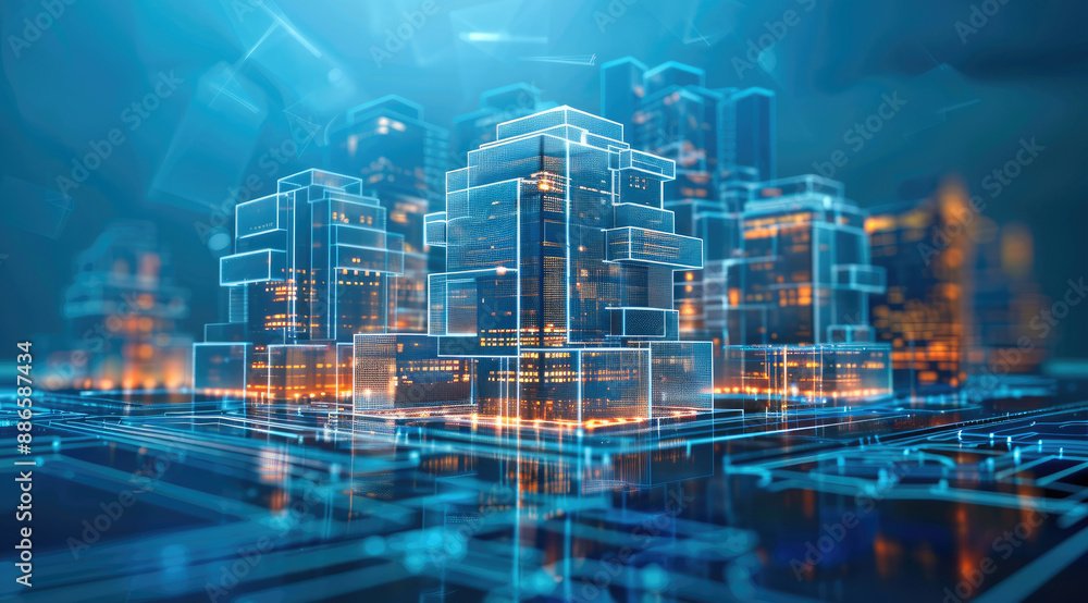 Aufkleber Modern smart home, against the background high-rise buildings. Development architecture computer systems of smart building. Hologram of the smart home is isolated on blue background. Generative AI.