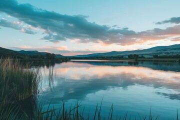 Tranquil lake with mountain views at sunset.