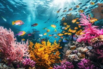 Naklejka premium Vibrant Underwater Coral Reef with Colorful Fish.