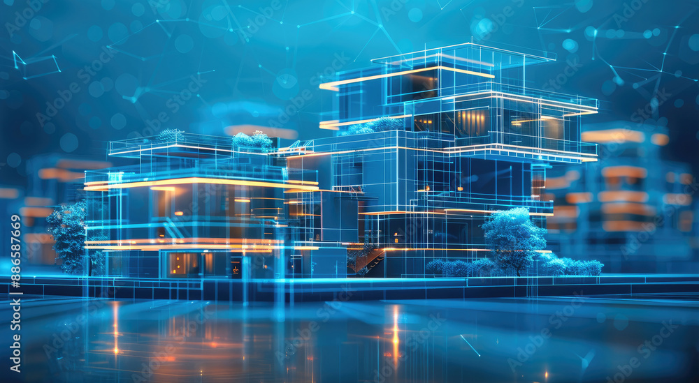 Aufkleber Modern smart home, against the background high-rise buildings. Development architecture computer systems of smart building. Hologram of the smart home is isolated on blue background. Generative AI.