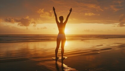 Silhouette of a woman on a surfboard at sunset.