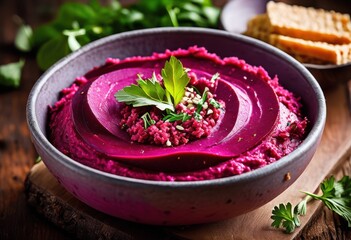 vibrant roasted beet hummus bowl, colorful, intense, baked, beetroot, chickpea, spread, dish, meal, food, cuisine, vegetarian, healthy, nutritious