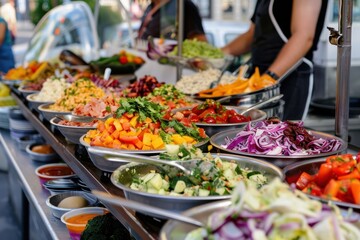 Street food for tourists, vibrant stalls offering diverse, delicious local flavors.