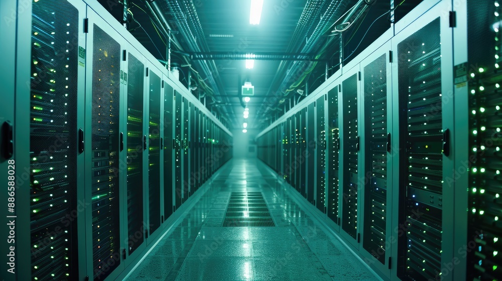 Fototapete inside a massive server farm of early computer servers. greenish blue color palette. dark. generativ