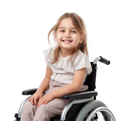 Portrait of smiling preschool girl looking at camera while sitting on disabled wheelchair and isolated on transparent background. Concept of children with disabilities.