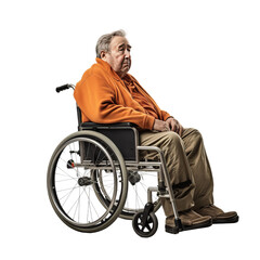Full body of sad and serious senior man with gray hair looking away while sitting on disabled wheelchair and isolated against transparent background, png file.