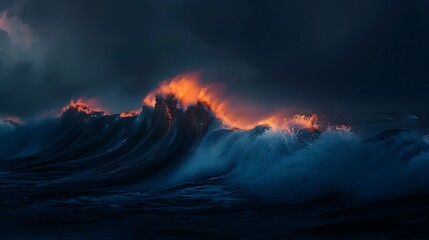 Fototapeta premium A striking minimalistic scene of a stormy ocean wave in dark blue, highlighted with warm, vivid colors