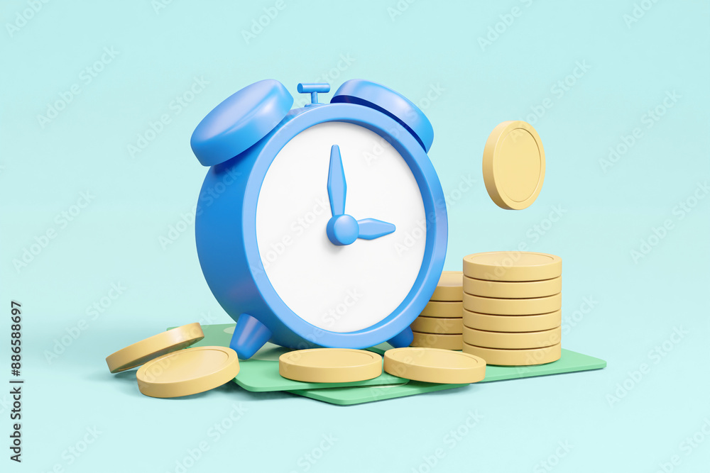 Poster a 3d render emphasizing the importance of timely financial management, featuring an alarm clock, coi