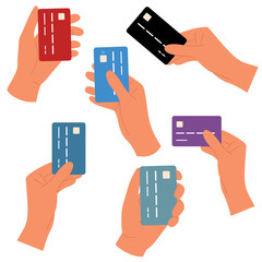 Set of hands holding colorful plastic credit card. Different gestures. Wireless payment concept
