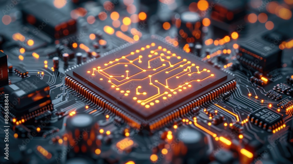 Poster a high-tech microchip circuit board, focusing on a luminous neural network pattern, glowing in vibra