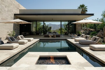 Fototapeta premium Minimalist poolside patio with umbrellas and central fire pit, beige cushions, echoing Palm Springs modern architecture style.